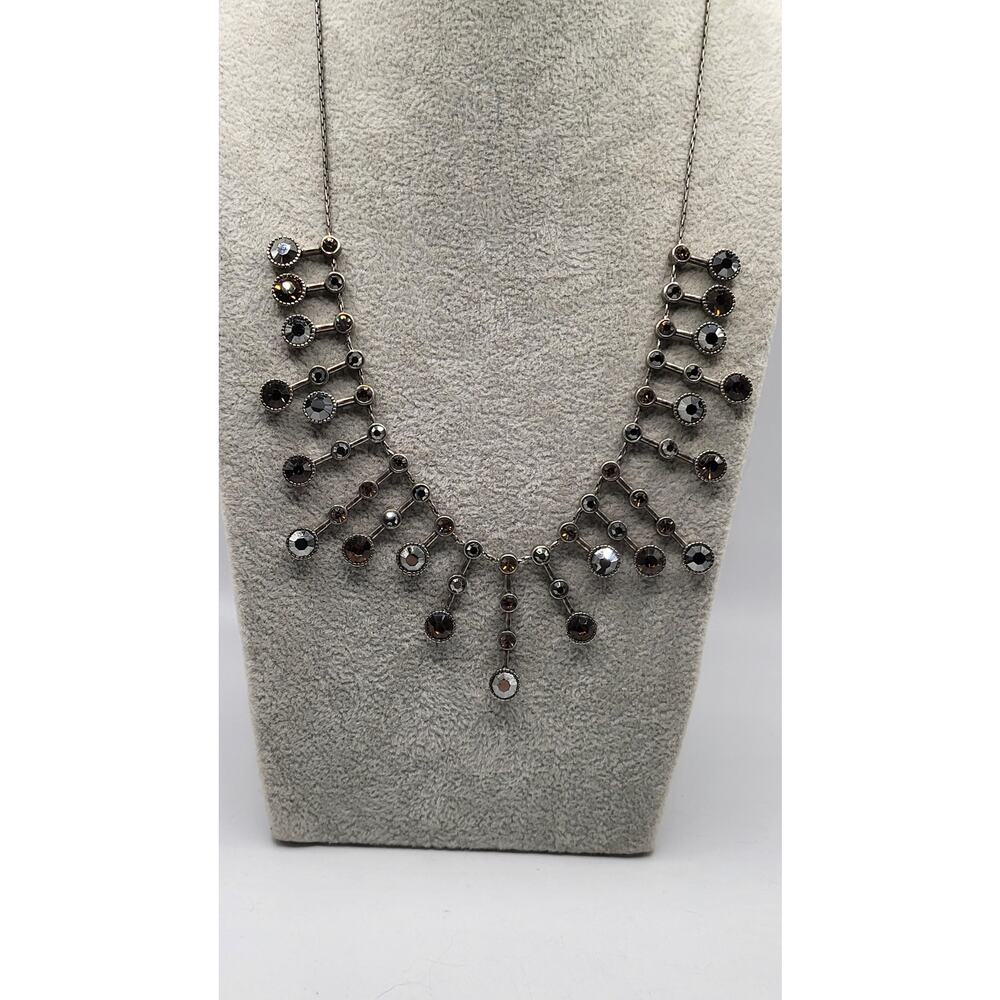 Chico’s Gunmetal Rhinestone Fringe Statement Necklace Gray Amber Crystal